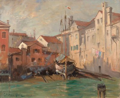 painting of a painting of a boat in a body of water