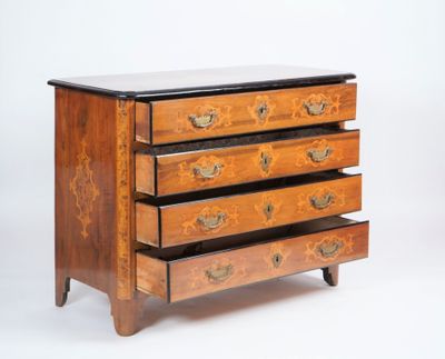 an antique chest of drawers with a marble top and four drawers