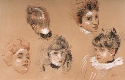 three studies of a woman ' s head and four other women ' s heads