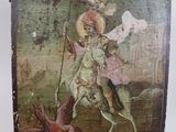 an old painting of a man riding a horse with a bird on his back