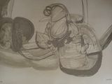 a drawing of a pair of shoes and a bag on a table