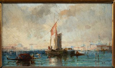 an oil painting of a sailboat on a body of water with a city in the background