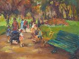 tableau représentant une scène de parc avec des personnes assises sur des bancs et une calèche