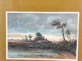 peinture représentant un paysage avec une rivière et une maison au loin