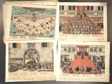 three pages of a book with drawings of people in a courtyard