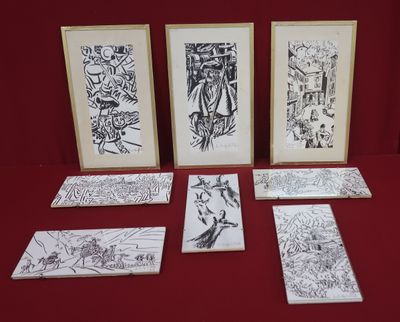 six dessins encadrés représentant des personnes et des animaux sur un fond rouge