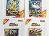 quatre paquets de cartes à collectionner Pokémon dans un emballage en plastique