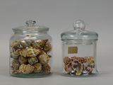 two glass jars with shells inside of them on a table