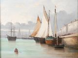 a painting of a boat in the water with other boats in the water