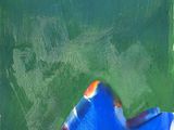 une peinture représentant une vague bleue et blanche sur fond vert