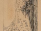 dessin représentant une femme assise sur un lit, un bébé sur les genoux