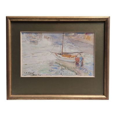 painting of a boat in a body of water with a man standing on it