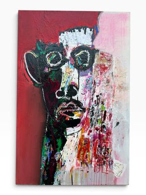 a painting of a man ' s face on a red background