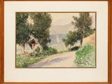 a painting of a country road with a house and trees