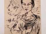 an image of a drawing of a woman with her arms crossed and a horse behind her