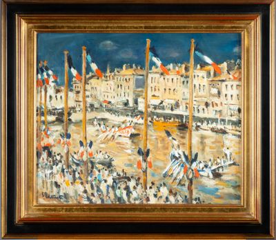 une peinture à l'huile représentant une scène de port avec des bateaux et des personnes sur l'eau