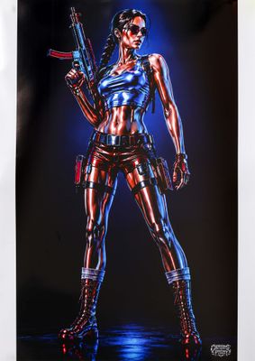 un tableau représentant une femme armée sur fond noir