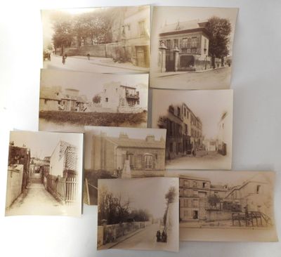 several old black and white photos of a street and buildings