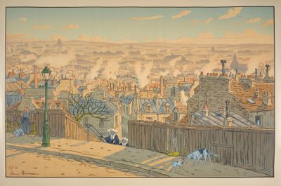 un tableau représentant une vue de la ville depuis le sommet d'une colline