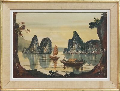 une photo d'un tableau représentant un bateau sur un plan d'eau