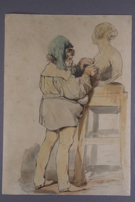 painting of a man and a woman standing next to a bust of a man