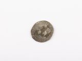 a close up of a silver coin on a white surface