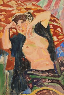 l'image d'un tableau représentant une femme assise sur un canapé