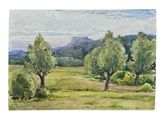 watercolor painting of trees in a field with mountains in the background