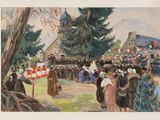 tableau représentant un groupe de personnes debout dans un champ près d'un bâtiment