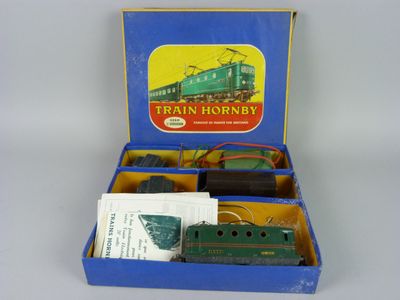 une boîte contenant une locomotive, posée sur une table