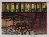 une image représentant un dessin d'un restaurant avec des tables et des chaises