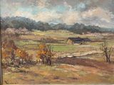 une peinture à l'huile d'un paysage rural avec une grange au loin