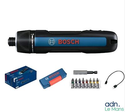 bosch cordless screwdriver with tools and a box of screwdrivers