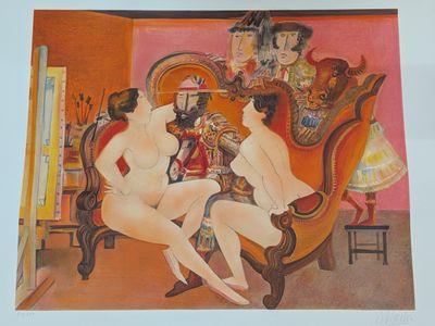 a painting of three nudes sitting on a chair
