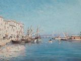 une peinture représentant une scène portuaire avec des bateaux dans l'eau