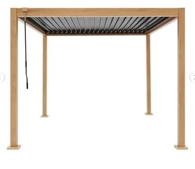 an image of a wooden pergol roof attached to a wooden structure