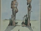 painting of two sculptures in a field with trees and a sky in the background