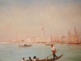 a painting of a gondola on the water with people in it