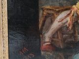 a painting of a woman sitting in a chair next to a teddy bear