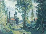 an oil painting of a church in a wooded area with trees