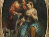 an old painting of a man and a woman sitting on a bench