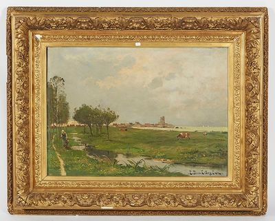 une image représentant un tableau où l'on voit des vaches paître dans un champ au bord d'un ruisseau