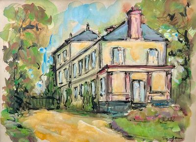 tableau représentant une grande maison jaune avec un clocher sur le toit