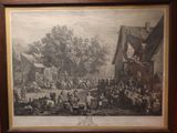 painting of a village scene with a crowd of people in a village