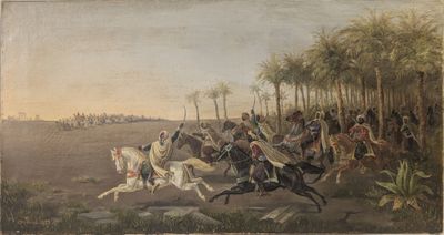 tableau représentant un groupe d'hommes à cheval dans le désert