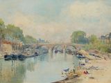 a painting of a river with boats on it