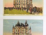 deux vieilles cartes postales représentant des chevaux et des calèches devant un château