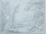 a drawing of a landscape with trees and a river