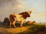 un tableau représentant une vache brune et blanche debout dans un champ