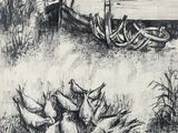a drawing of a boat on the water with ducks